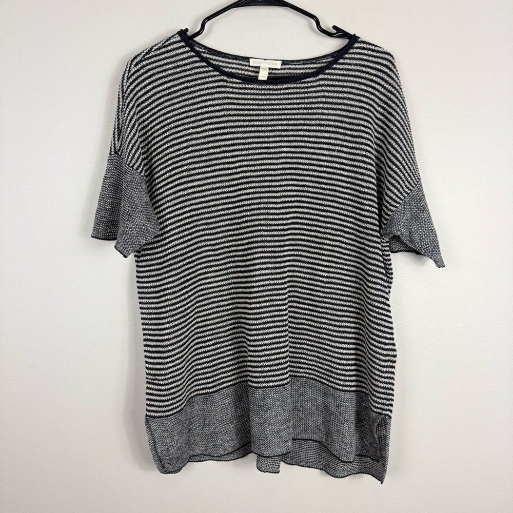 Eileen Fisher Linen Shirt Women Medium Short Sleeve Black White Stipe Top Casual